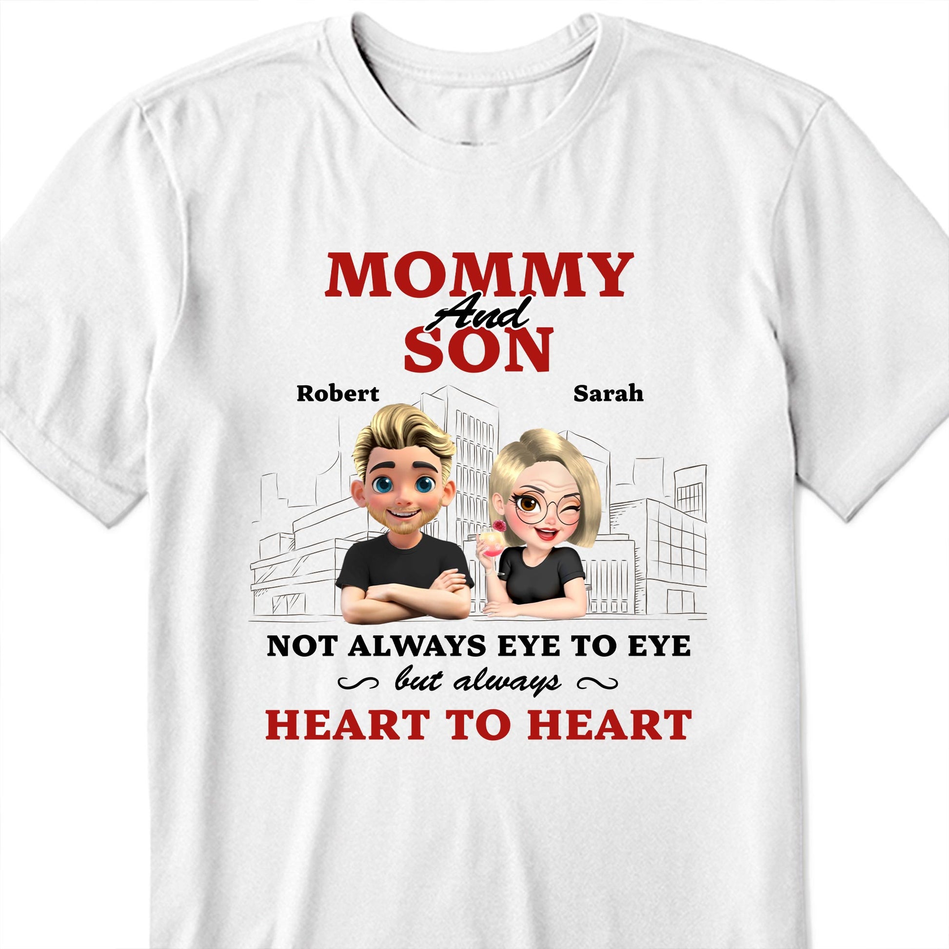 Mommy And Son Not Always Eye To Eye But Always Heart To Heart, Cartoon Characters And Cityscape