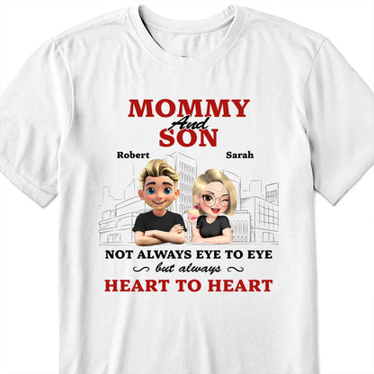 Mommy And Son Not Always Eye To Eye But Always Heart To Heart, Cartoon Characters And Cityscape