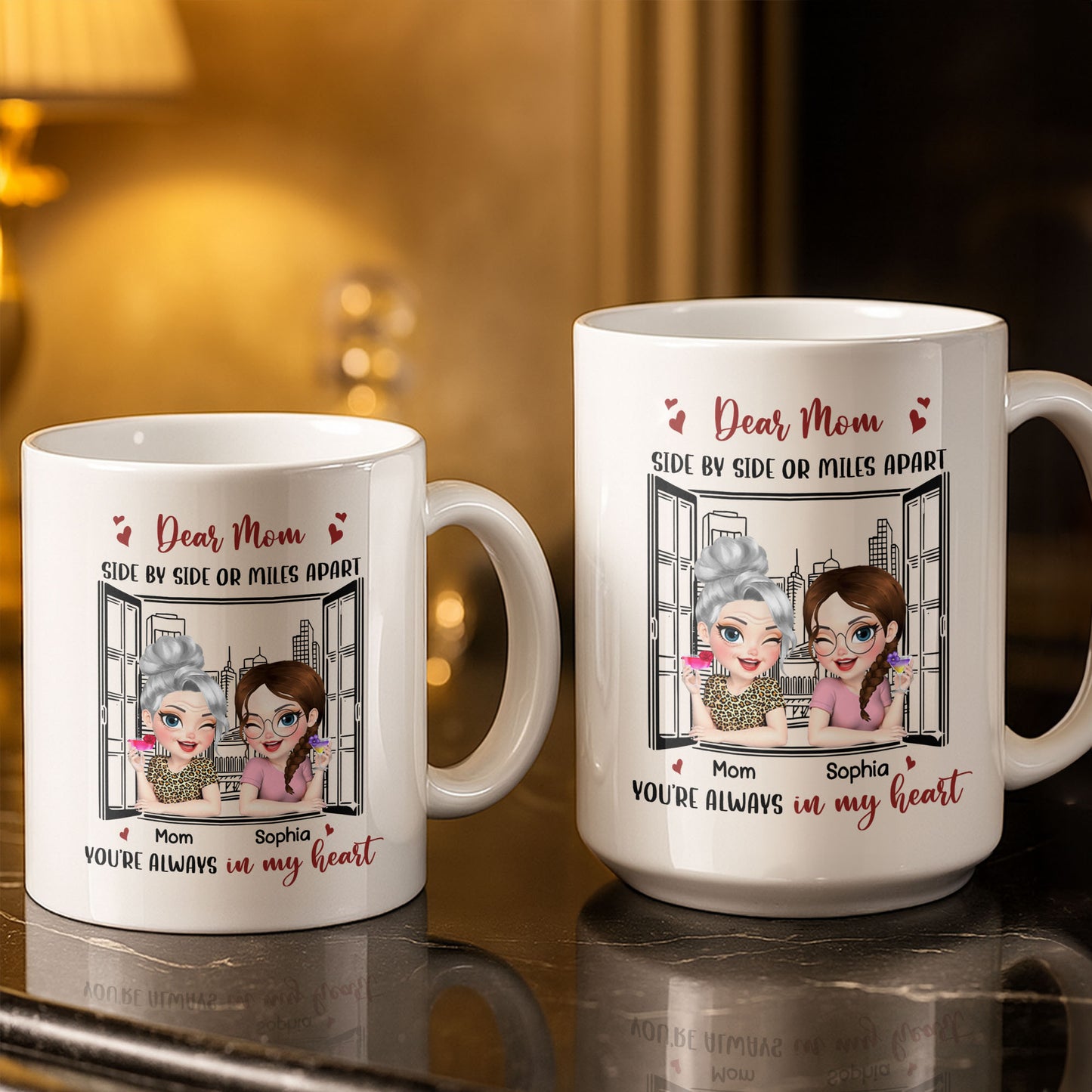 Dear Mom Side By Side Or Miles Apart Cityscape And Hearts Design