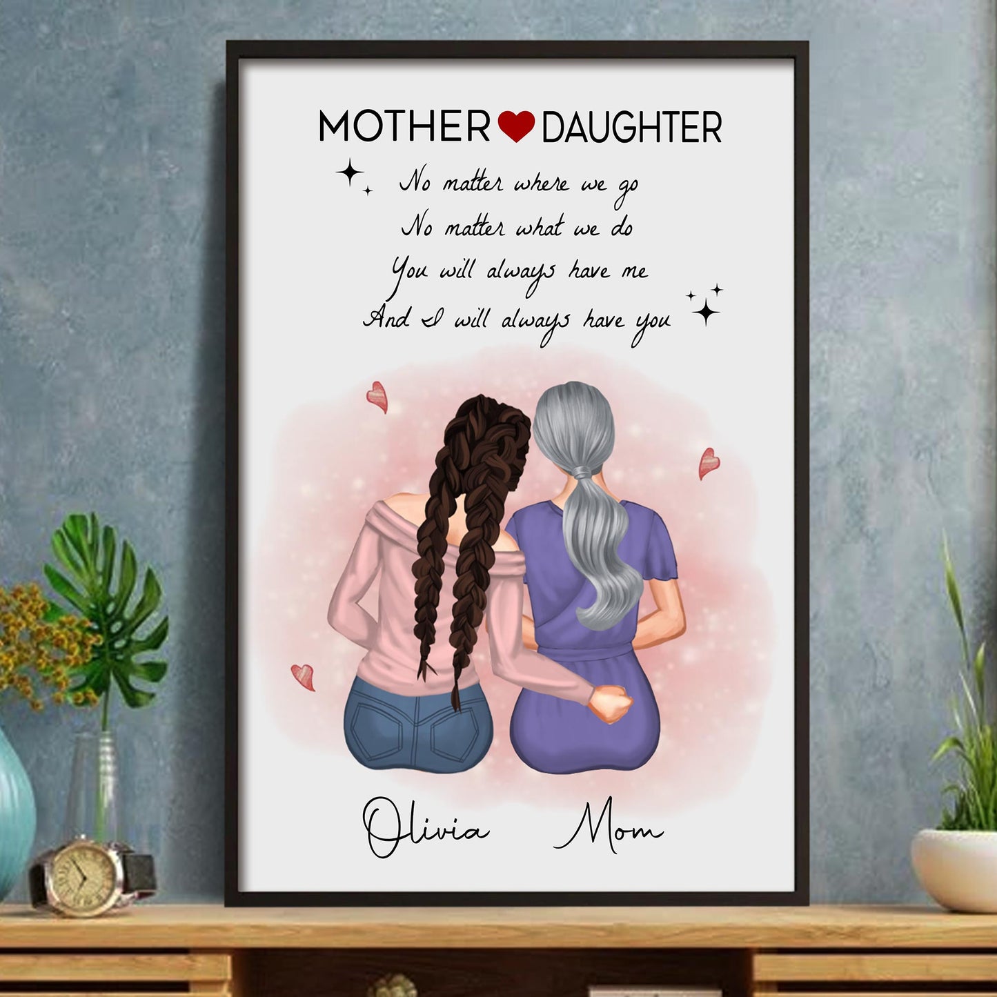 Mother Daughter Bonding With Hearts Poster
