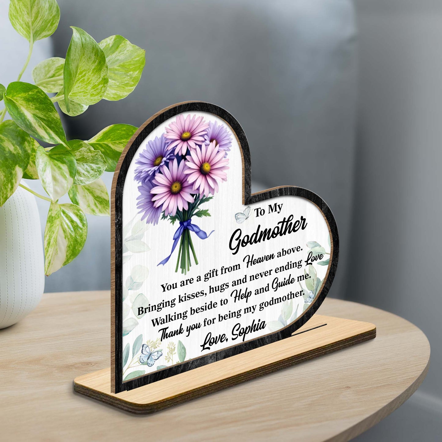 To My Godmother Floral And Butterfly Heart Plaque - Personalized Custom 2-Layer Wood Plaque With Flat Base - MOM146_WPLA