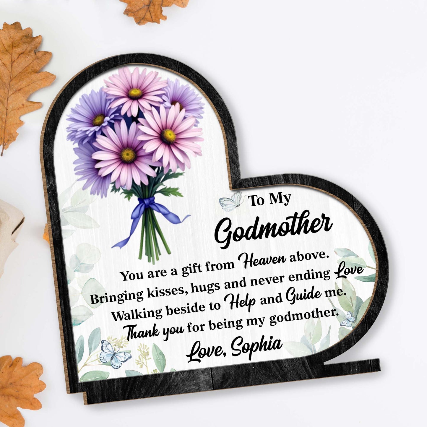 To My Godmother Floral And Butterfly Heart Plaque - Personalized Custom 2-Layer Wood Plaque With Flat Base - MOM146_WPLA