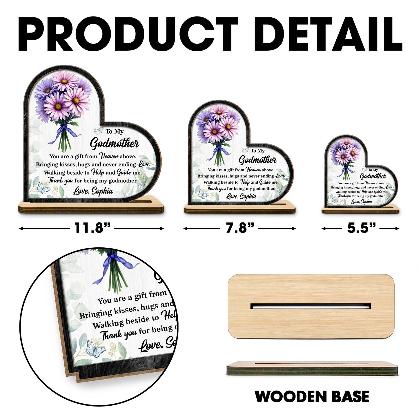 To My Godmother Floral And Butterfly Heart Plaque - Personalized Custom 2-Layer Wood Plaque With Flat Base - MOM146_WPLA