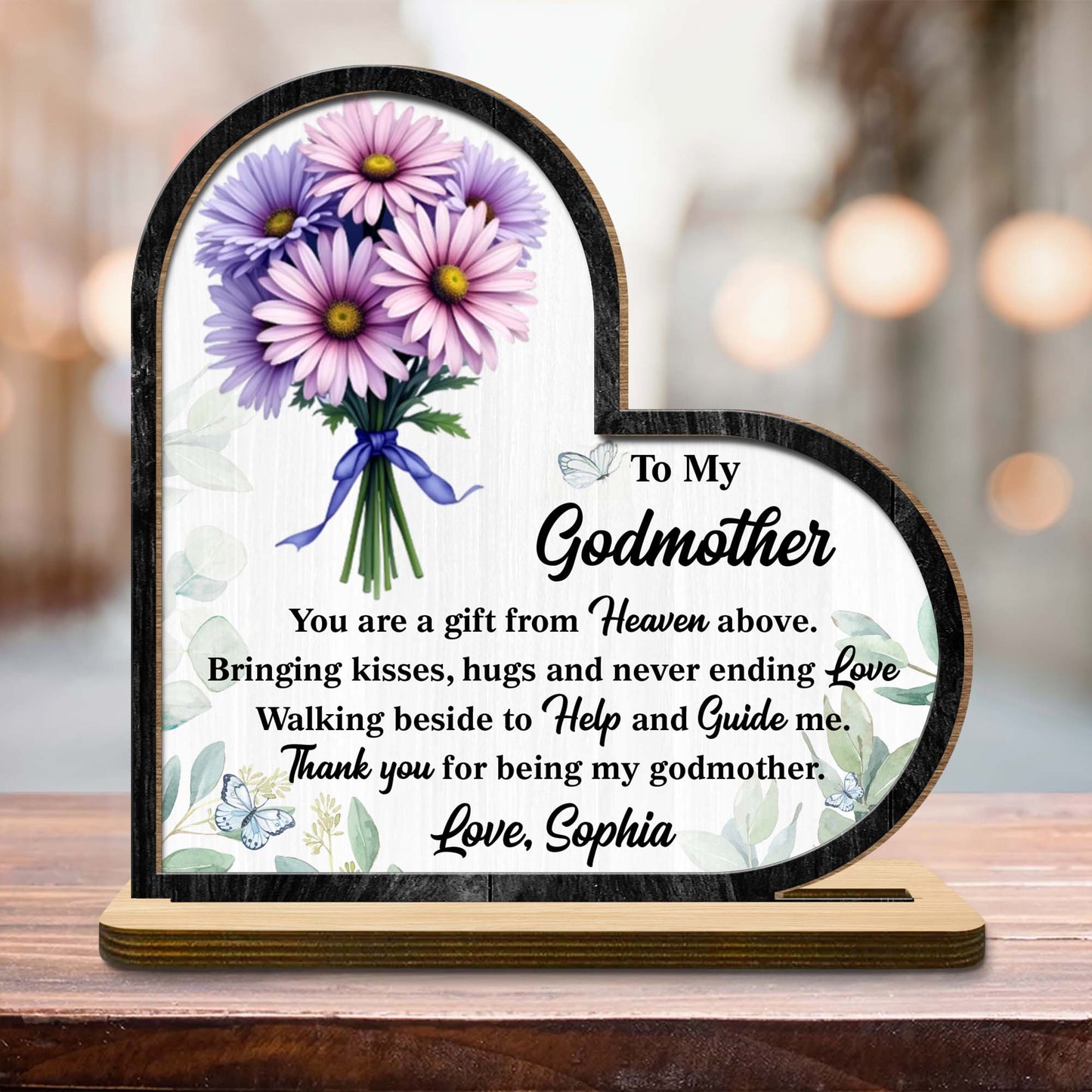 To My Godmother Floral And Butterfly Heart Plaque - Personalized Custom 2-Layer Wood Plaque With Flat Base - MOM146_WPLA