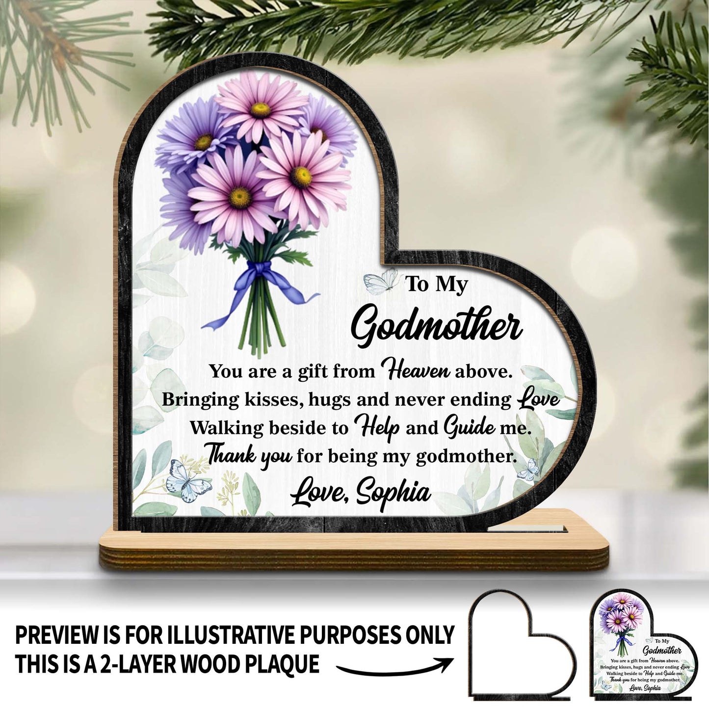 To My Godmother Floral And Butterfly Heart Plaque - Personalized Custom 2-Layer Wood Plaque With Flat Base - MOM146_WPLA
