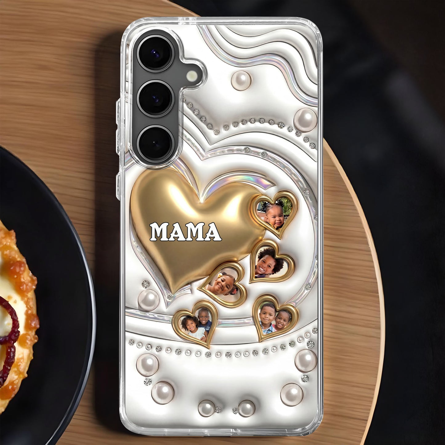 Mama Gold Hearts And Pearls With Custom Photos - Personalized Clear Phone Case - MOM176_PHC