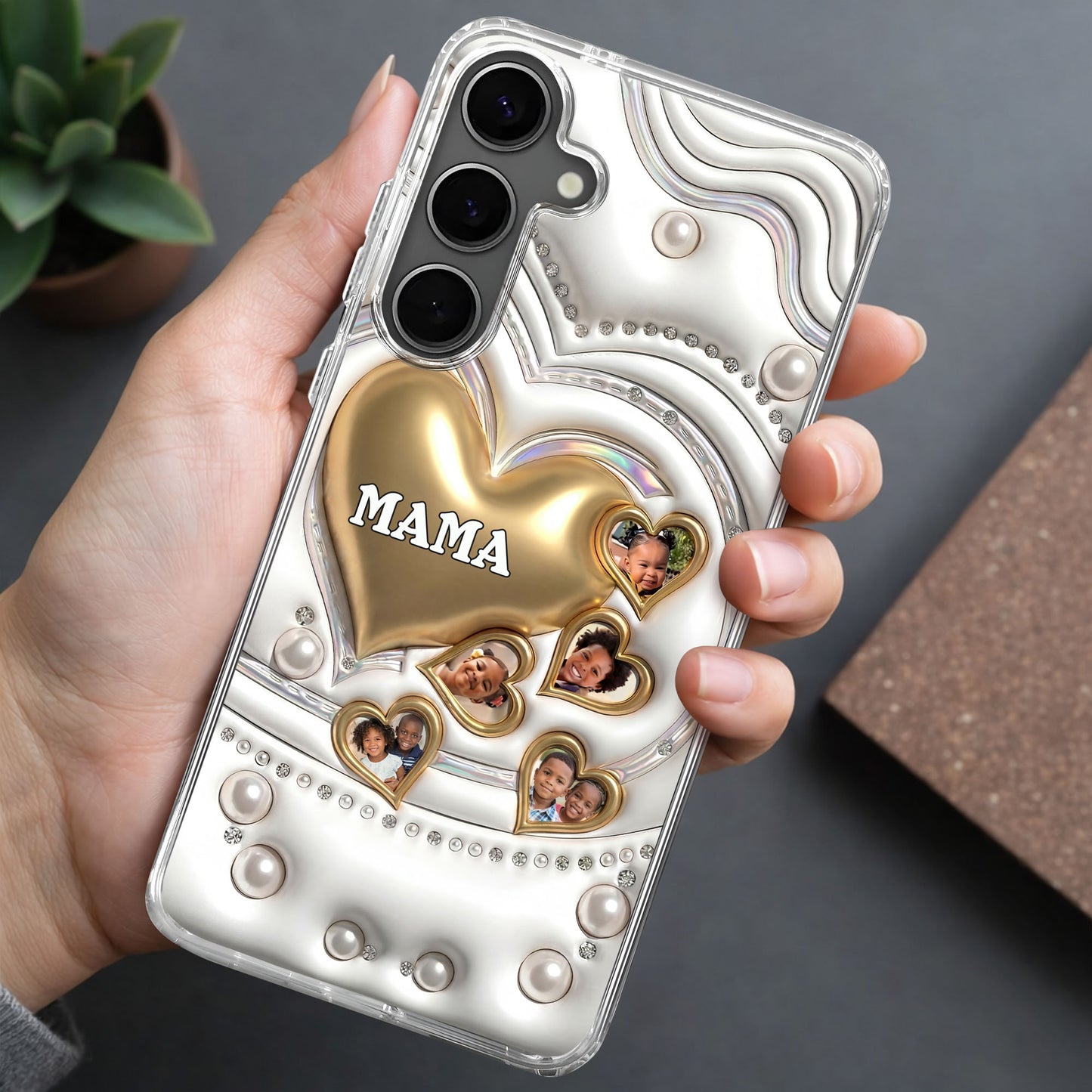Mama Gold Hearts And Pearls With Custom Photos - Personalized Clear Phone Case - MOM176_PHC