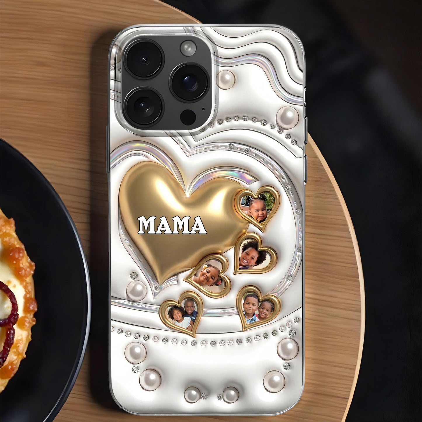 Mama Gold Hearts And Pearls With Custom Photos - Personalized Clear Phone Case - MOM176_PHC