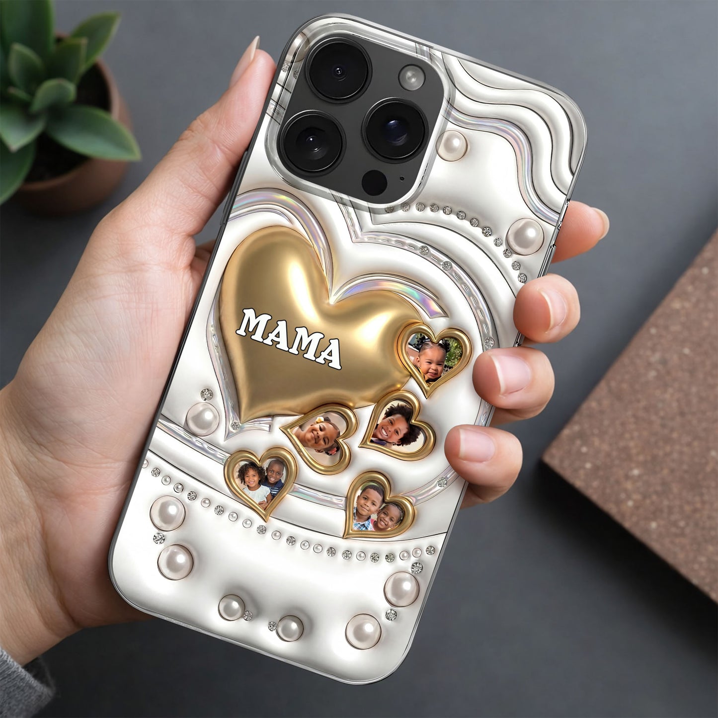 Mama Gold Hearts And Pearls With Custom Photos - Personalized Clear Phone Case - MOM176_PHC