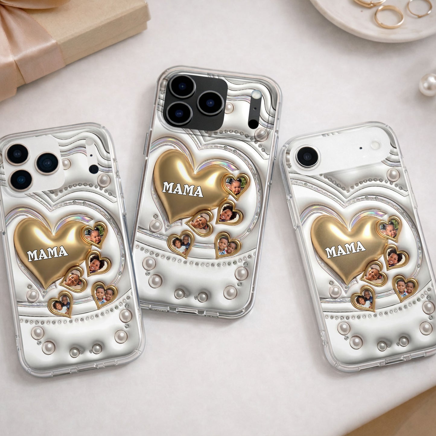 Mama Gold Hearts And Pearls With Custom Photos - Personalized Clear Phone Case - MOM176_PHC
