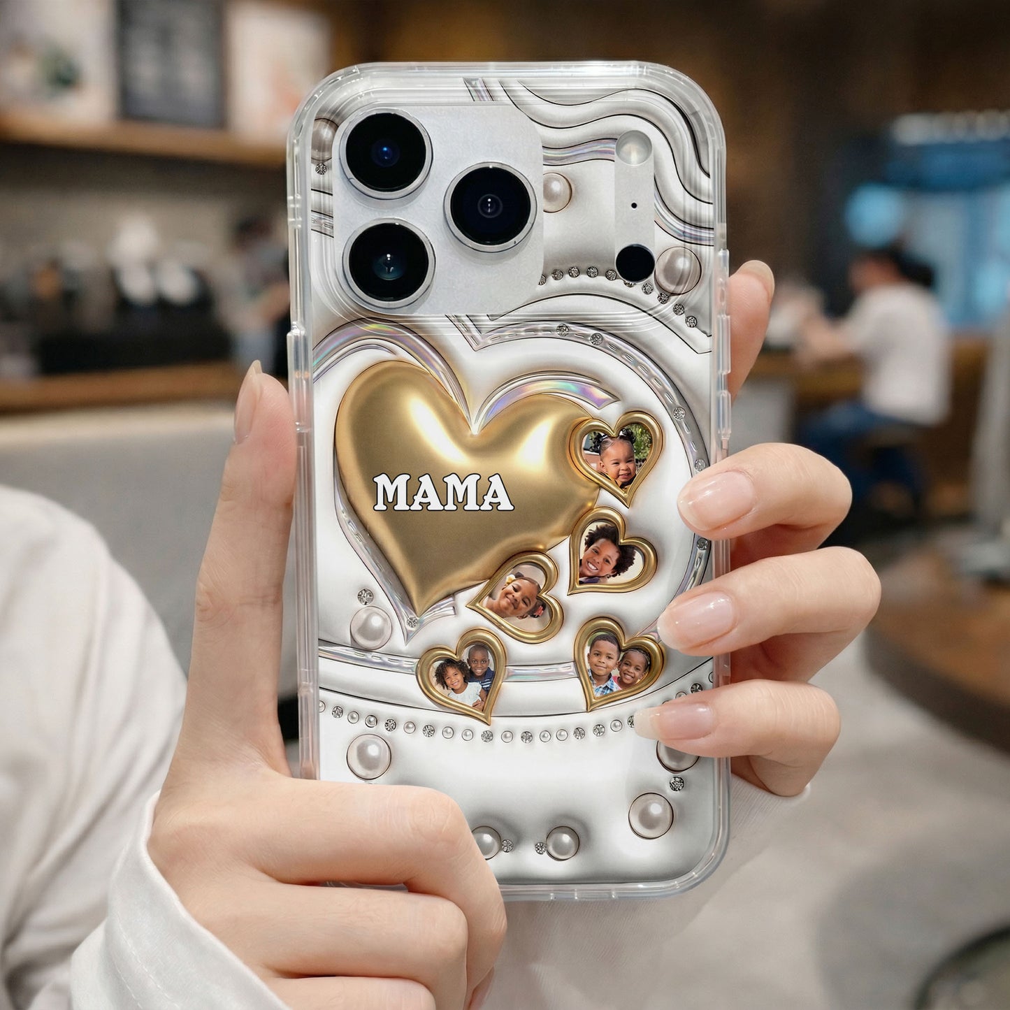Mama Gold Hearts And Pearls With Custom Photos - Personalized Clear Phone Case - MOM176_PHC