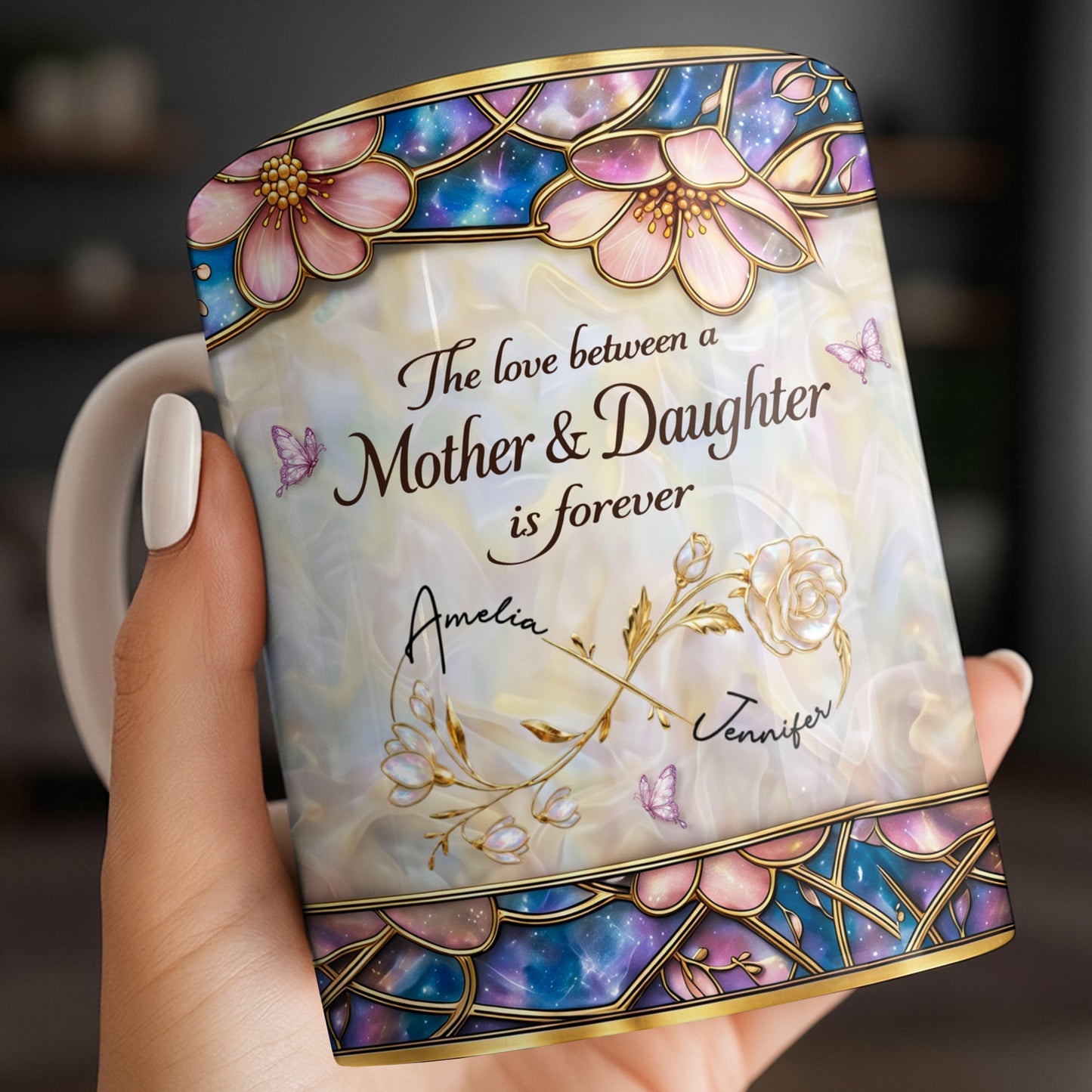 The Love Between A Mother And Daughter Is Forever Flowers And Butterflies - Personalized Custom Coffee Mug - MOM196_MG
