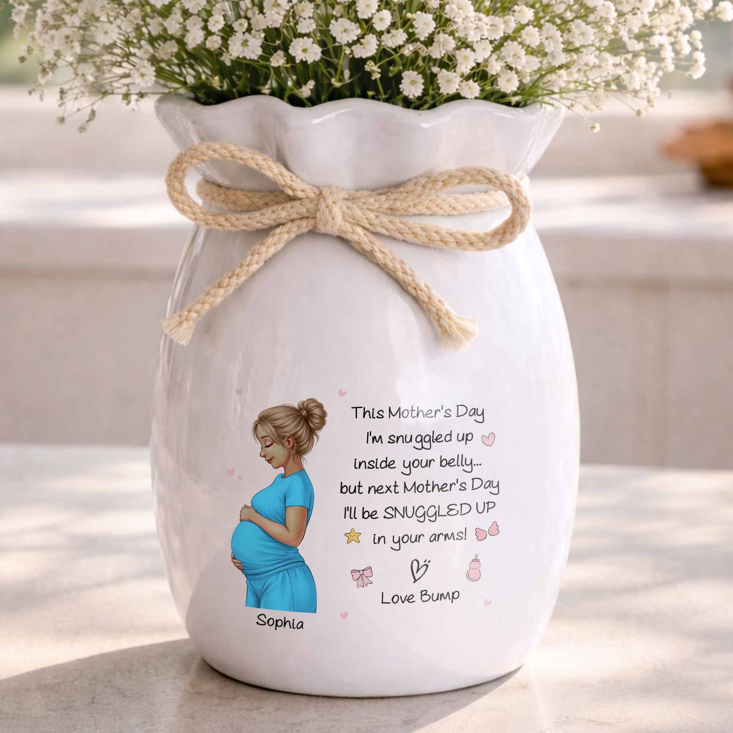 Snuggled Up Inside Your Belly Pregnant Woman Ribbon Flower Vase - Personalized Ribbon Tie Flower Vase - MOM259_RICVA