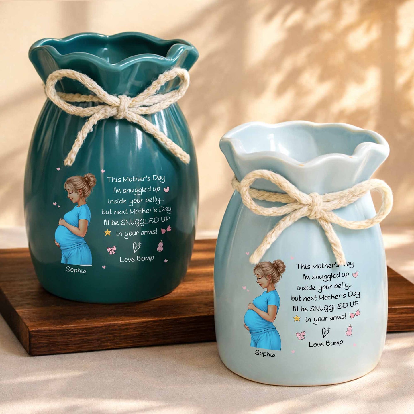 Snuggled Up Inside Your Belly Pregnant Woman Ribbon Flower Vase - Personalized Ribbon Tie Flower Vase - MOM259_RICVA