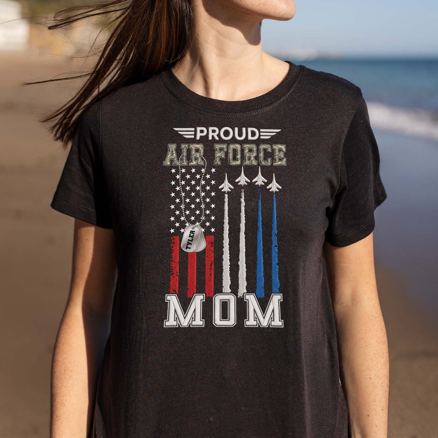 Proud Air Force Mom American Flag Jets Dog Tag Design - Personalized Custom Unisex T-shirt, Hoodie - MOM304_BBAS