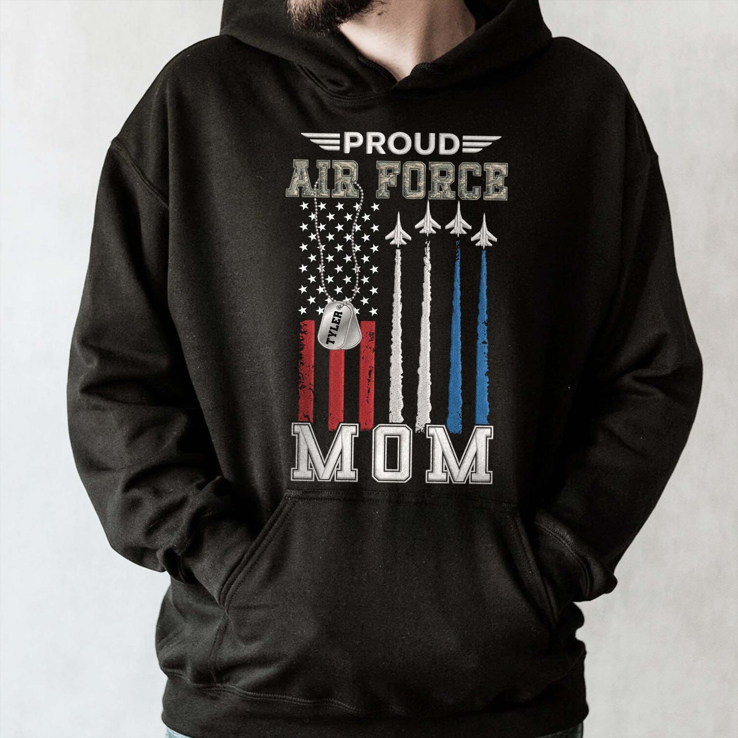Proud Air Force Mom American Flag Jets Dog Tag Design - Personalized Custom Unisex T-shirt, Hoodie - MOM304_BBAS
