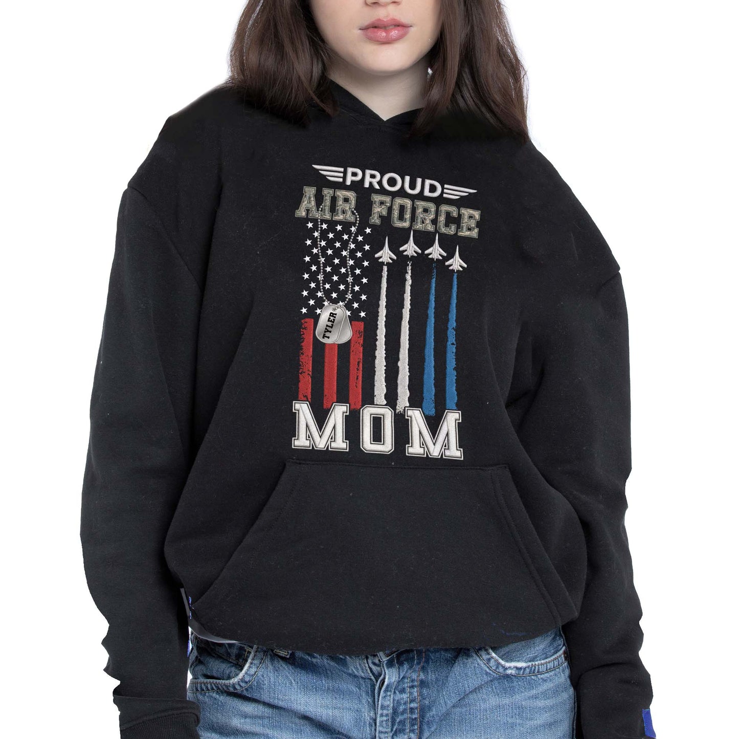 Proud Air Force Mom American Flag Jets Dog Tag Design - Personalized Custom Unisex T-shirt, Hoodie - MOM304_BBAS