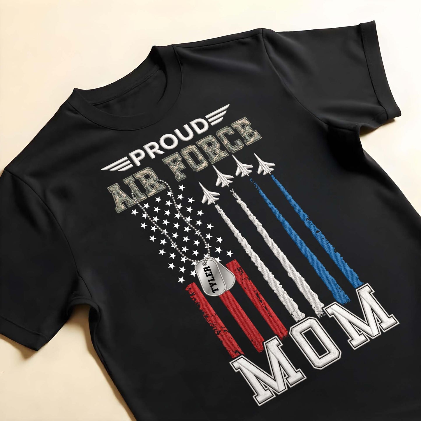 Proud Air Force Mom American Flag Jets Dog Tag Design - Personalized Custom Unisex T-shirt, Hoodie - MOM304_BBAS