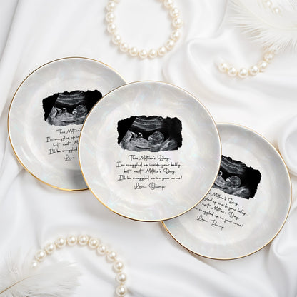 This Mother's Day I'm Snuggled Up Ultrasound Sonogram Photo - Personalized Custom Jewelry Dish, Ceramic Dish, Round Shape - MOM375_RCRF