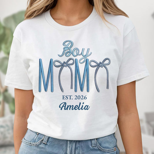 Boy Mama Est With 3D Embroidery And Blue Bows - Personalized Custom Unisex T-shirt, Hoodie - MOM389_WBAS