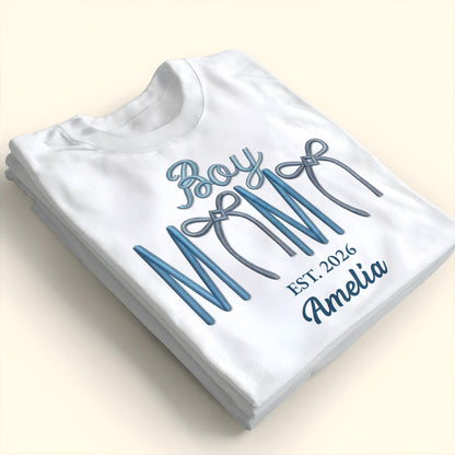 Boy Mama Est With 3D Embroidery And Blue Bows - Personalized Custom Unisex T-shirt, Hoodie - MOM389_WBAS