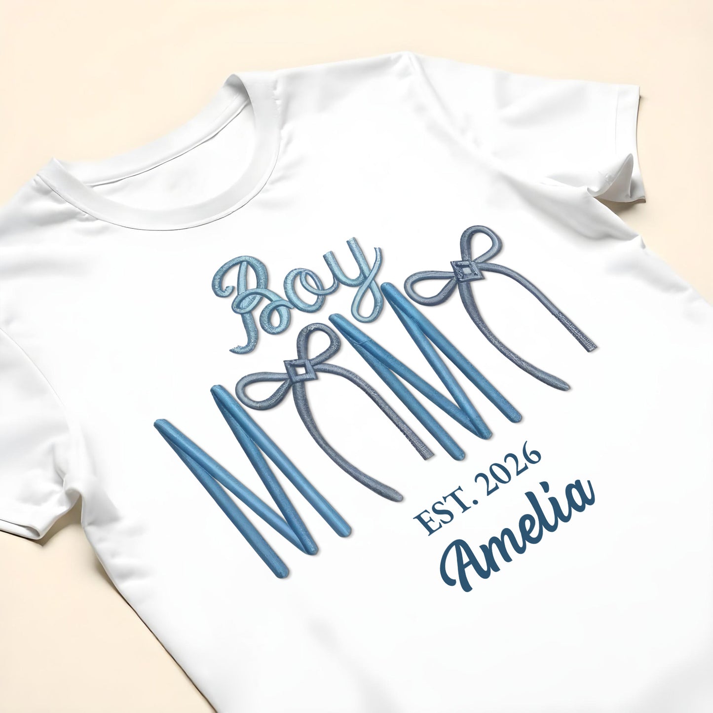 Boy Mama Est With 3D Embroidery And Blue Bows - Personalized Custom Unisex T-shirt, Hoodie - MOM389_WBAS