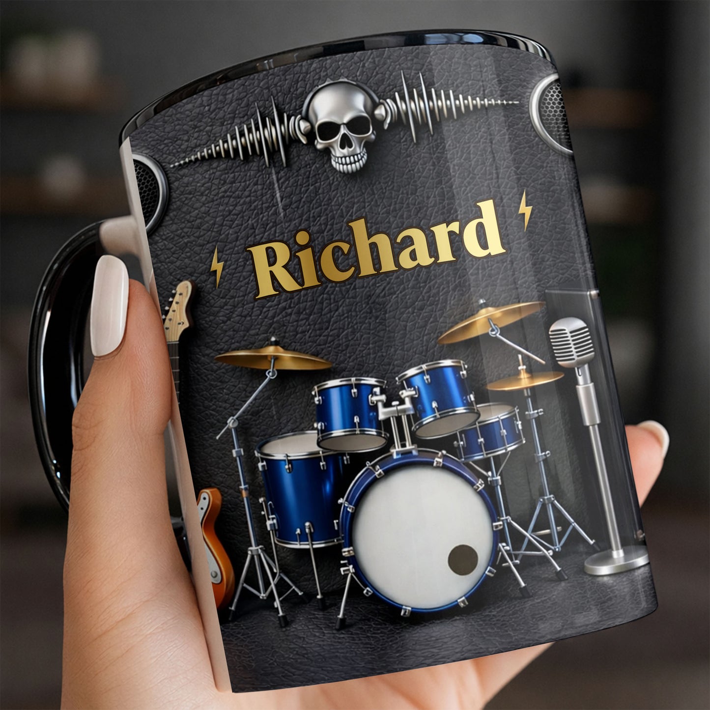 Rock On And Play Loud With Drums Skull And Guitar Design