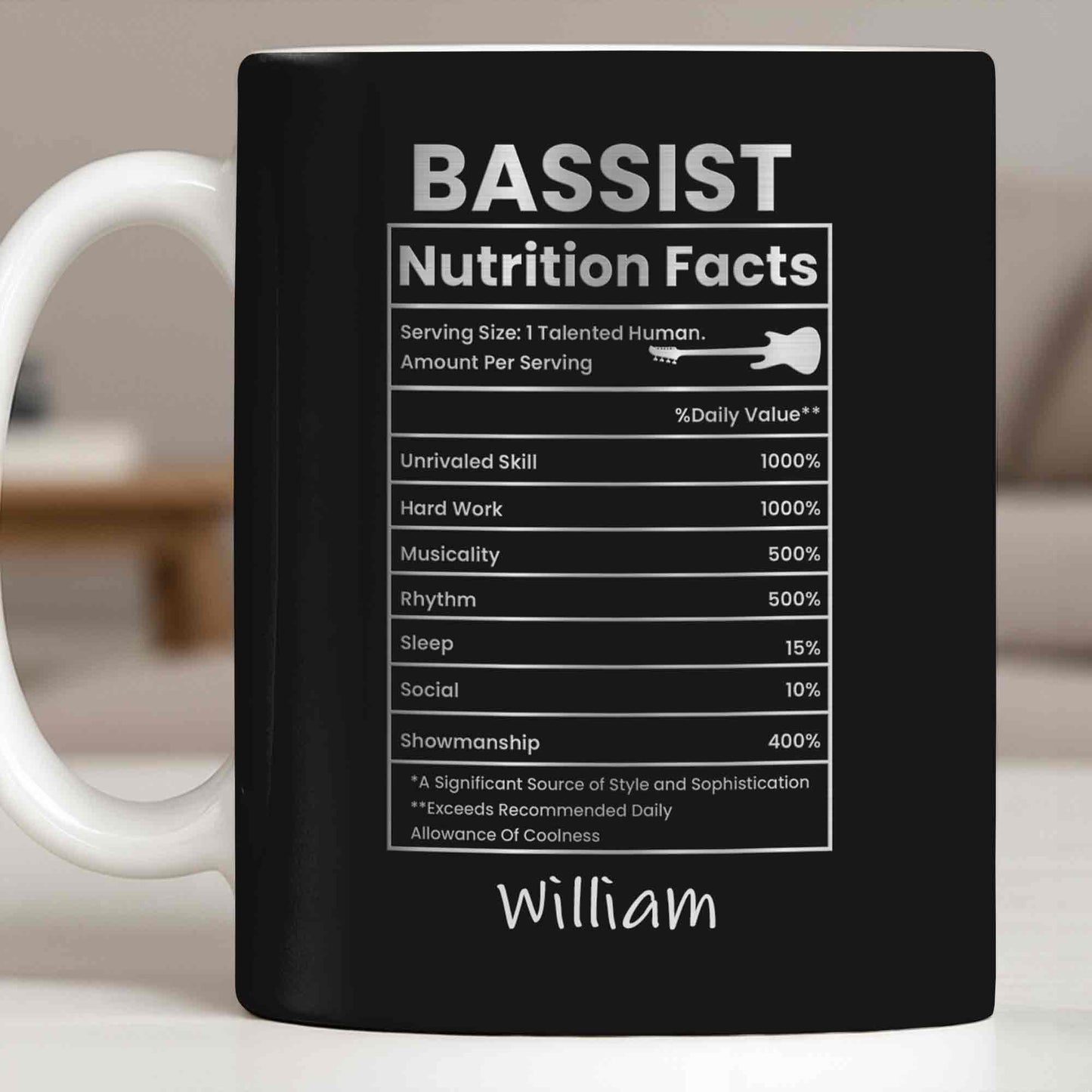 Bassist Nutrition Facts With Bass Guitar Silhouette
