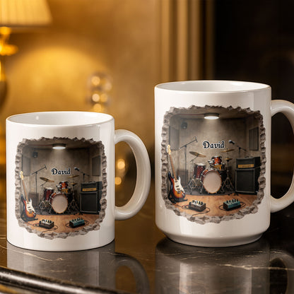 A Musician's Dream Room With Drum Set And Electric Guitar