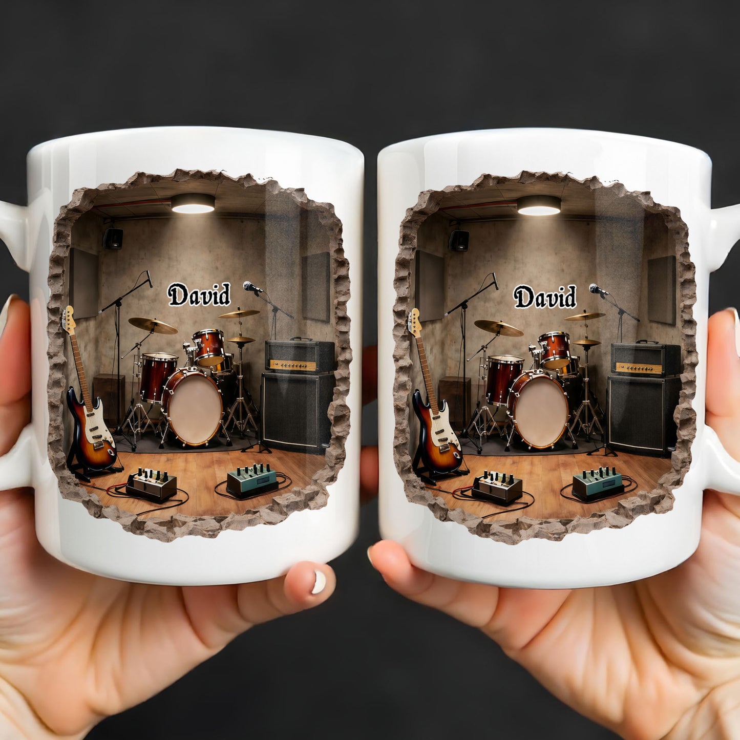 A Musician's Dream Room With Drum Set And Electric Guitar