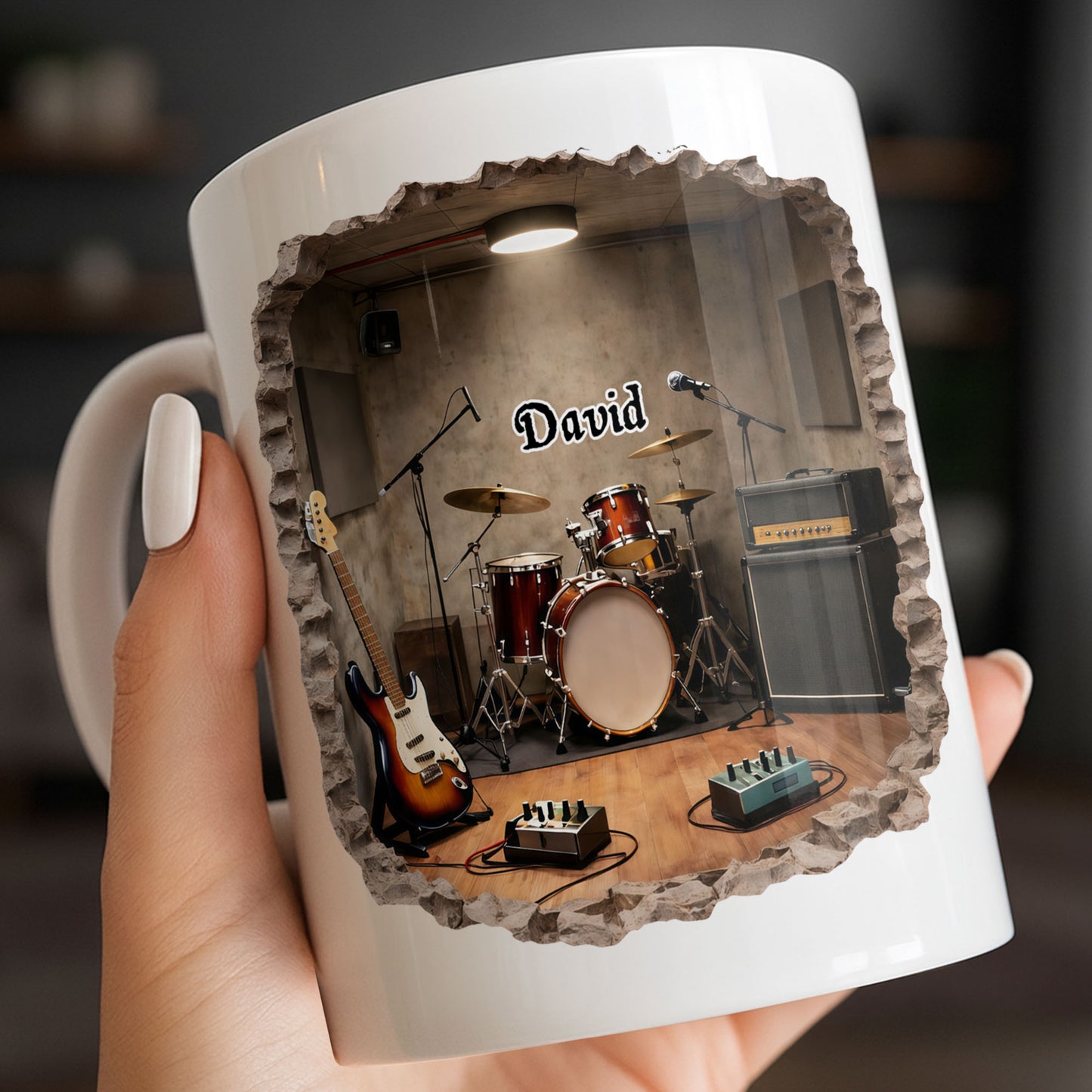 A Musician's Dream Room With Drum Set And Electric Guitar