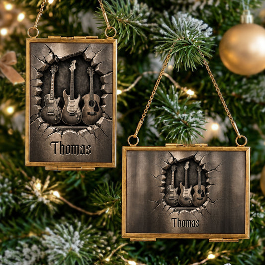Rocking Through The Holidays Guitars With 3D Effect Cracked Wall - Personalized Metal Frame Ornament - MUSIC097_GOFRO