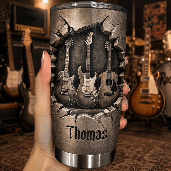 Rock And Roll Spirit 3D Guitars Through The Wall - Personalized Custom Stainless Steel Tumbler 20oz - MUSIC097_USTUM