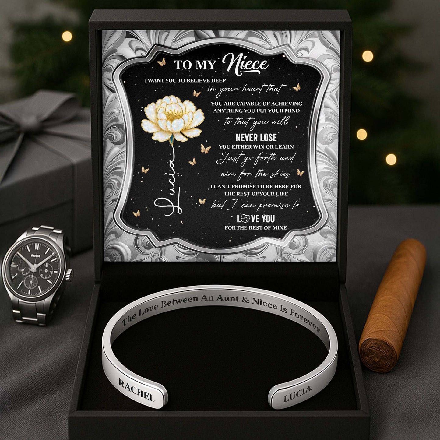 To My Niece, The Love Between An Aunt & Niece, Flower - Personalized Bracelet Cuff With Custom Message Card - NCE002_CUFB