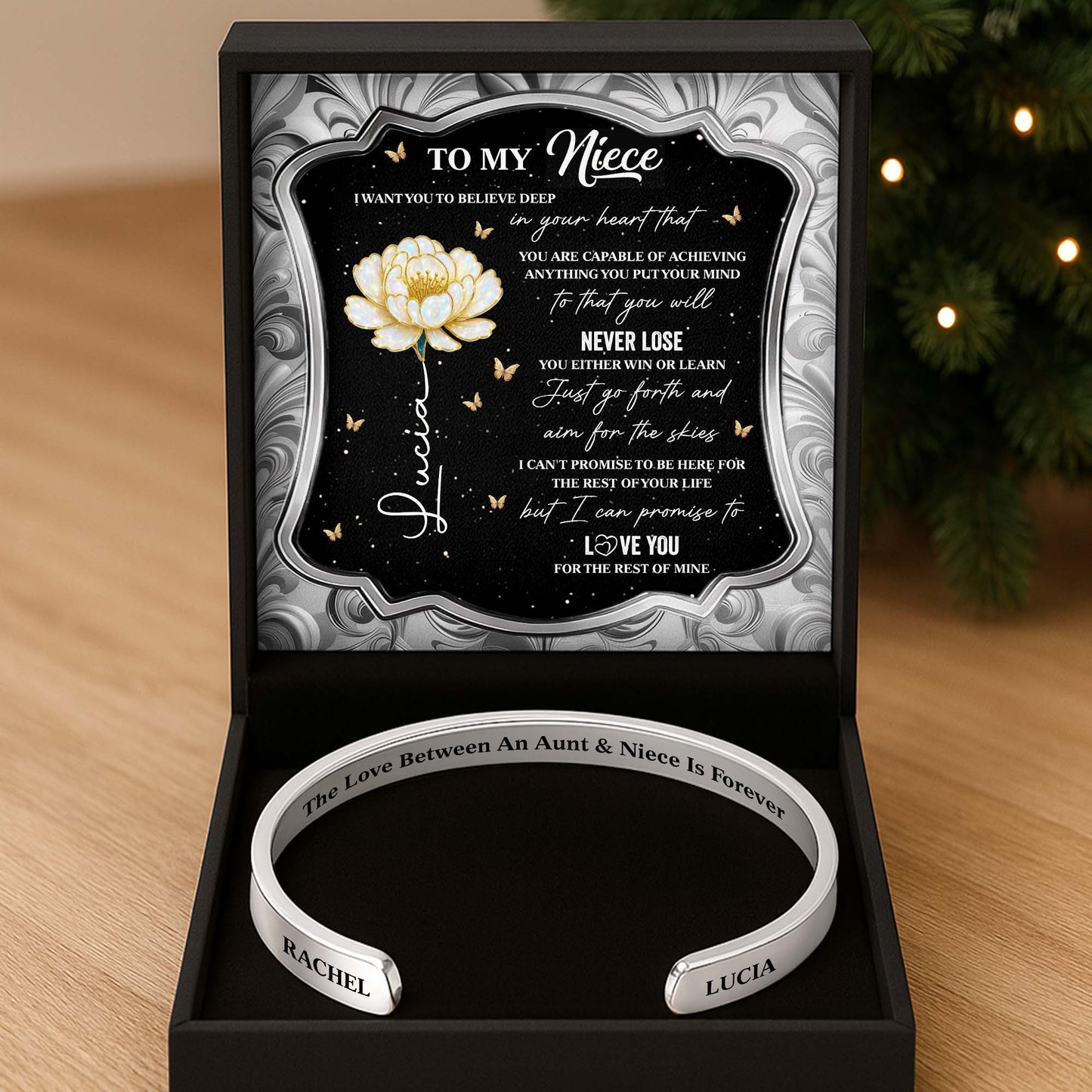 To My Niece, The Love Between An Aunt & Niece, Flower - Personalized Bracelet Cuff With Custom Message Card - NCE002_CUFB