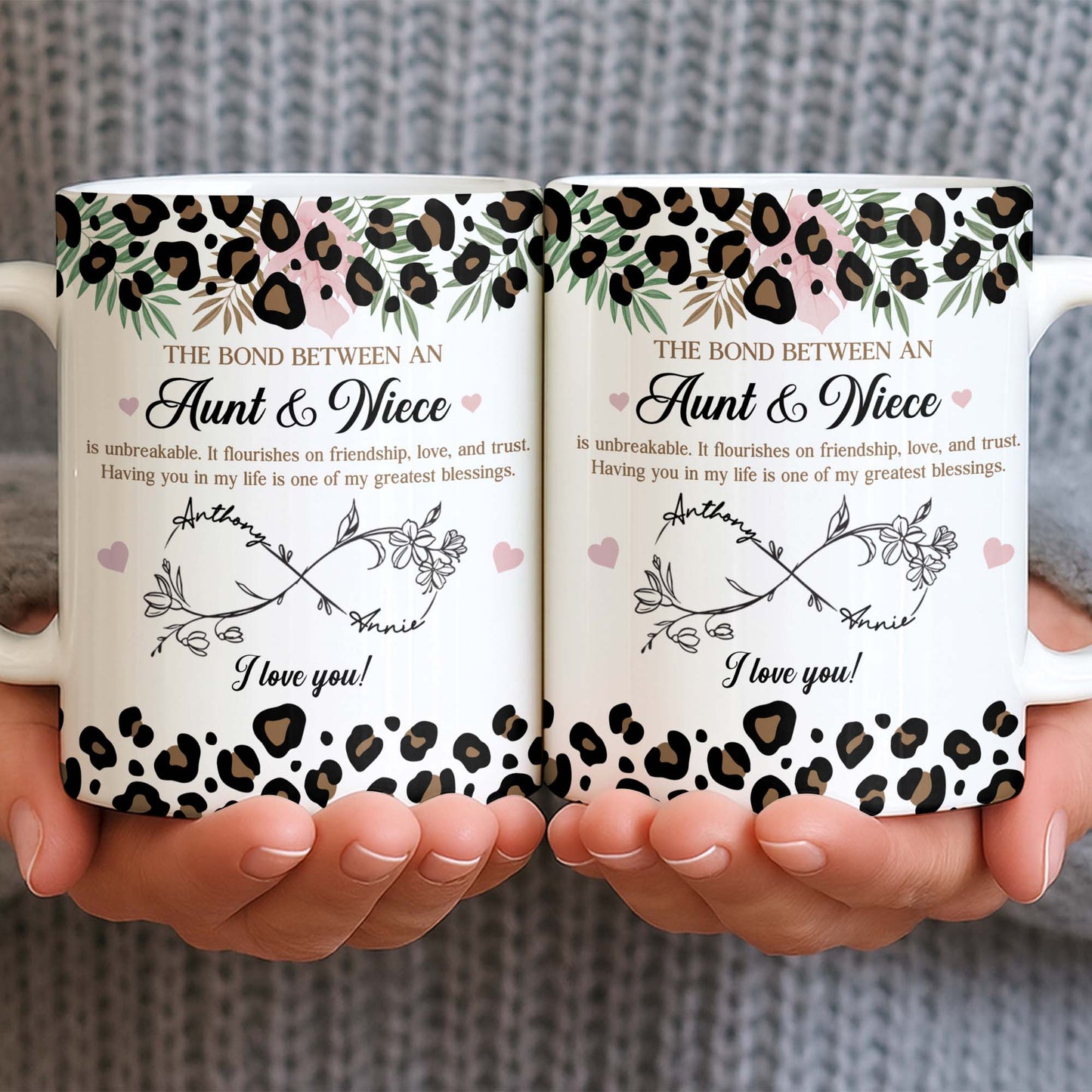 The Bond Between An Aunt & Niece, Leopard Print And Hearts - Personalized Custom Coffee Mug - NCE014_MG