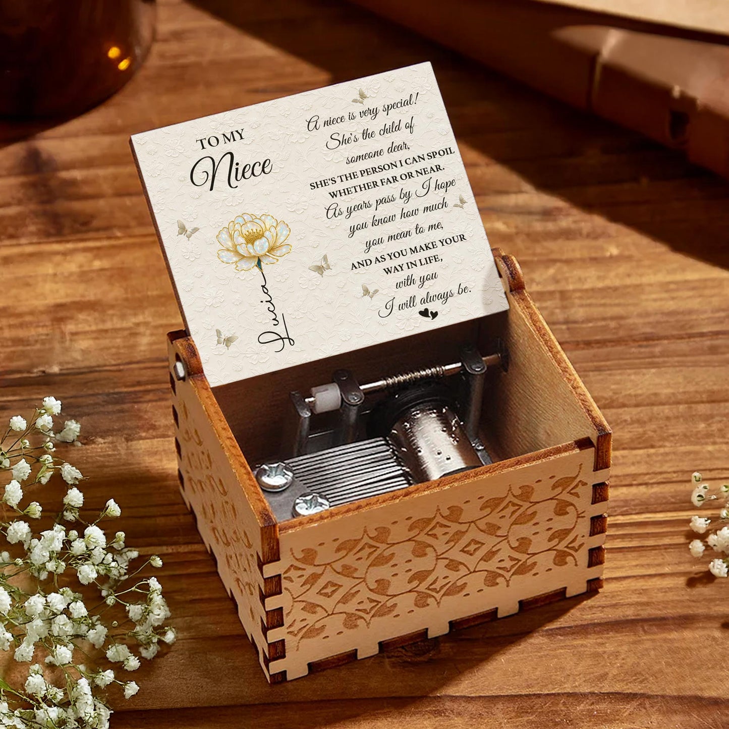 To My Niece, Flower And Butterflies Music Box - Custom Music Box With "You Are My Sunshine" Tune - NCE015_MZB