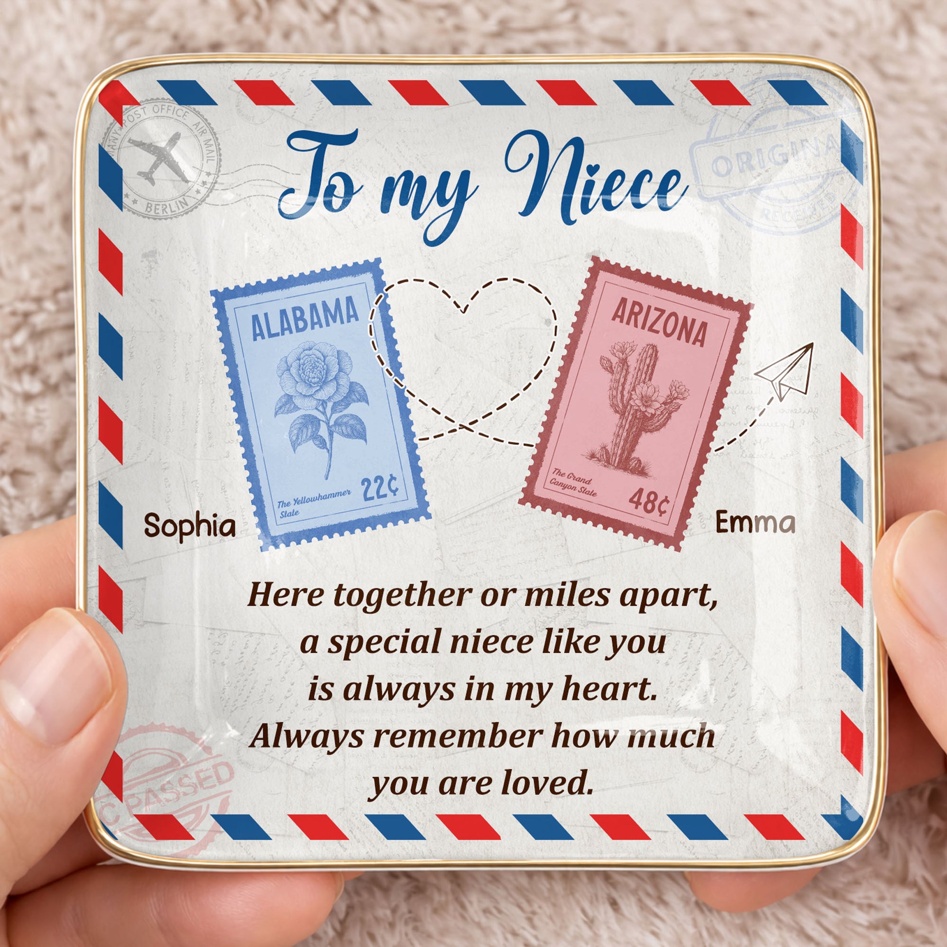 To My Niece, Postal Stamps And Hearts Design