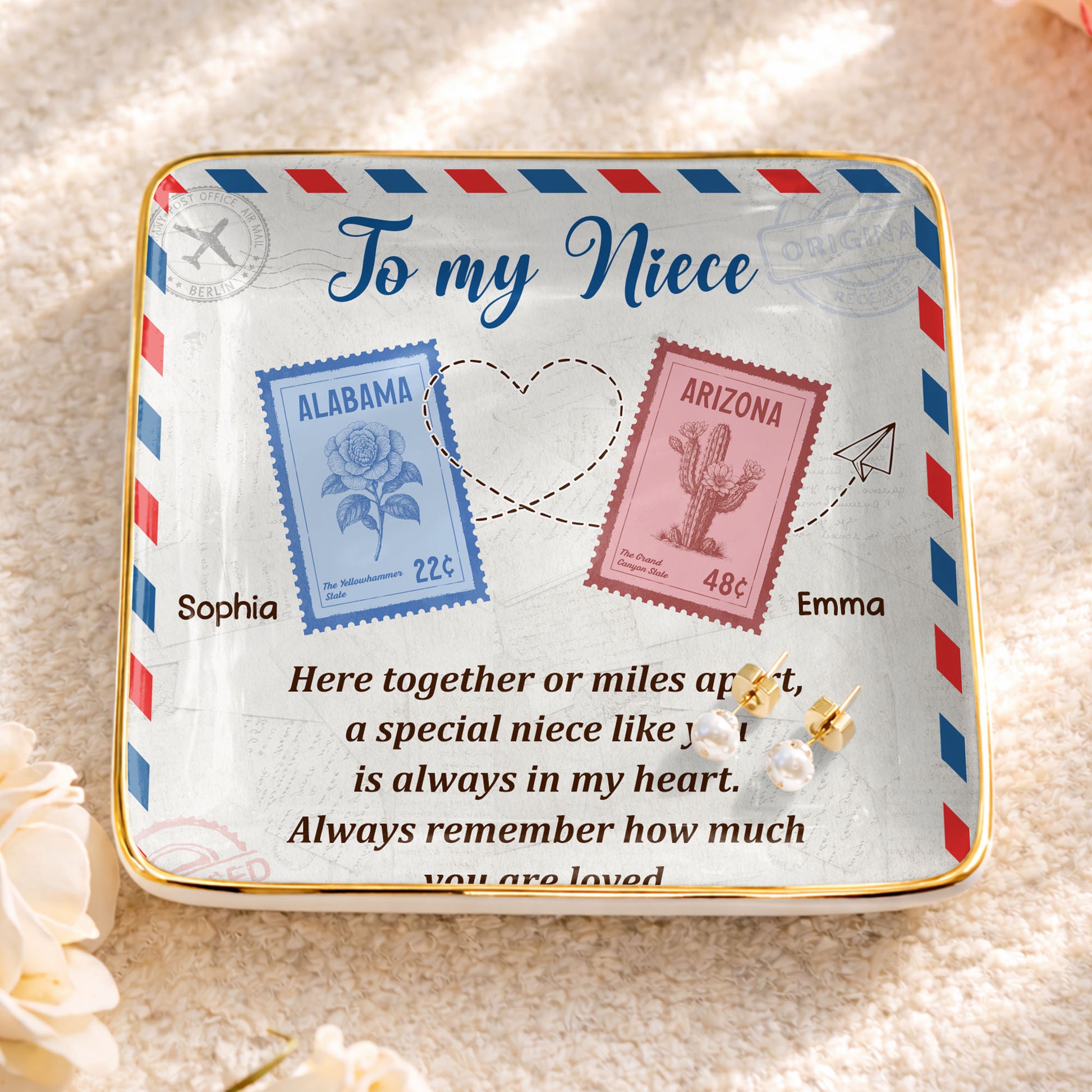 To My Niece, Postal Stamps And Hearts Design