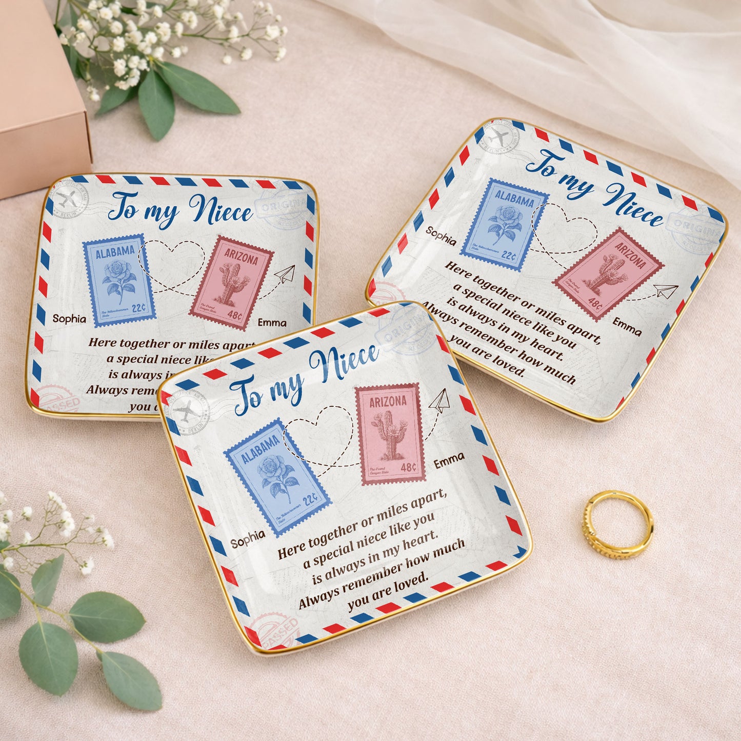 To My Niece, Postal Stamps And Hearts Design