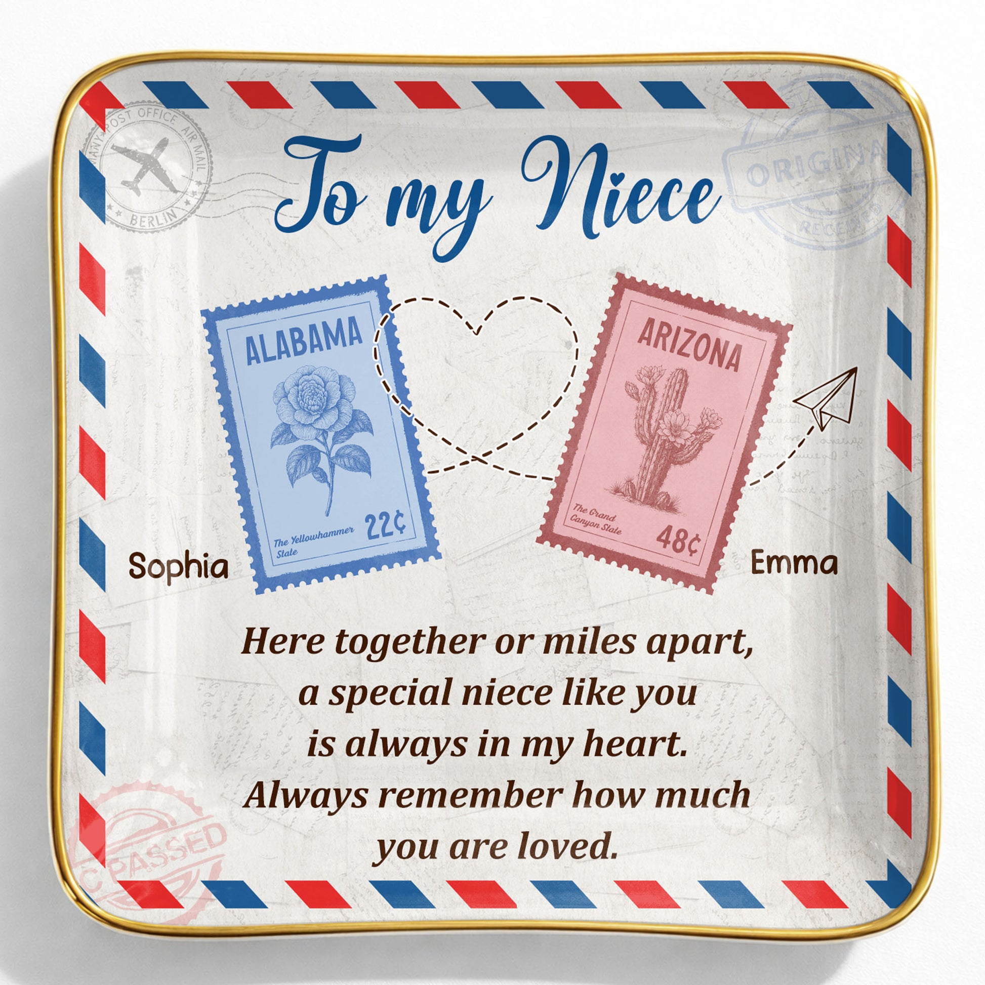 To My Niece, Postal Stamps And Hearts Design