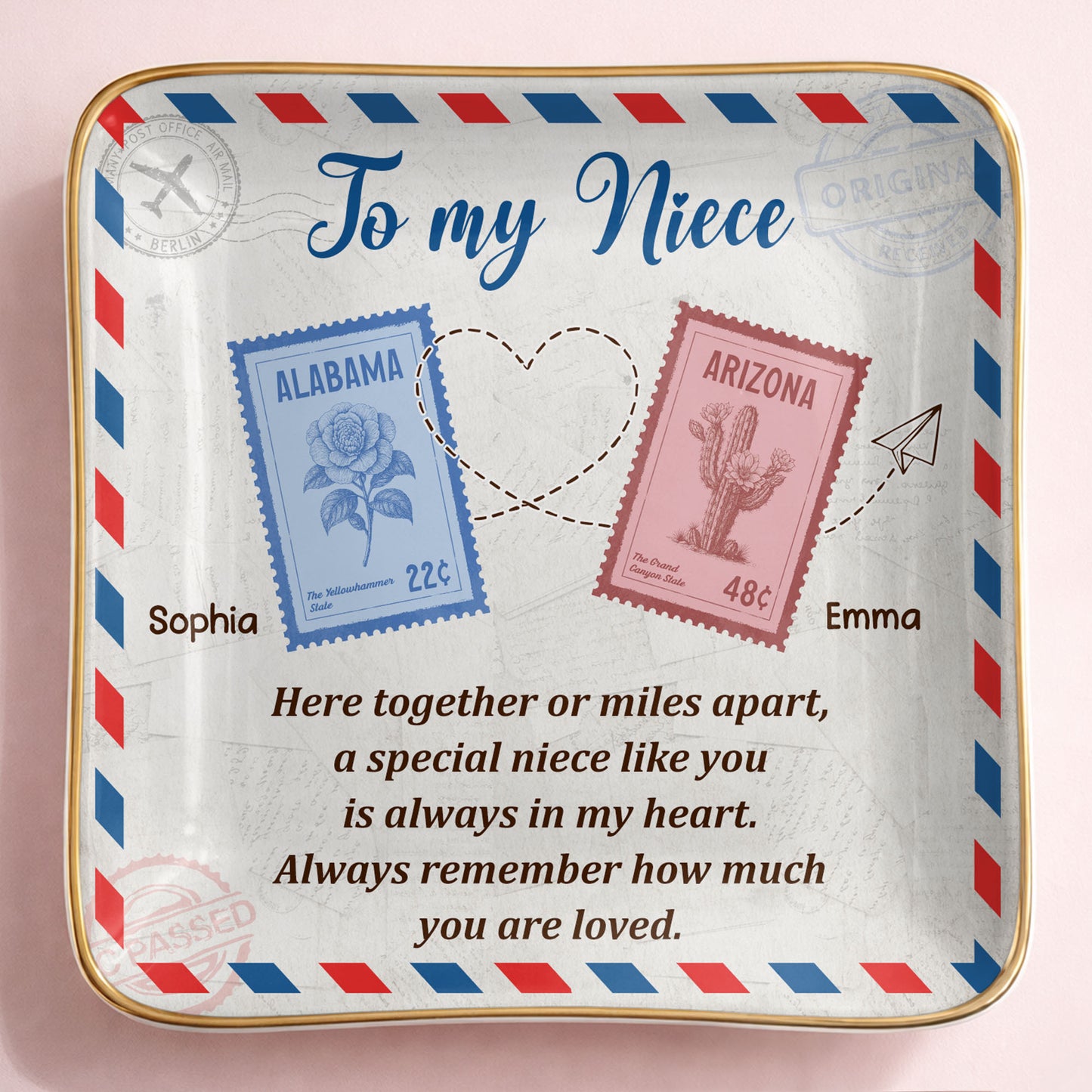 To My Niece, Postal Stamps And Hearts Design
