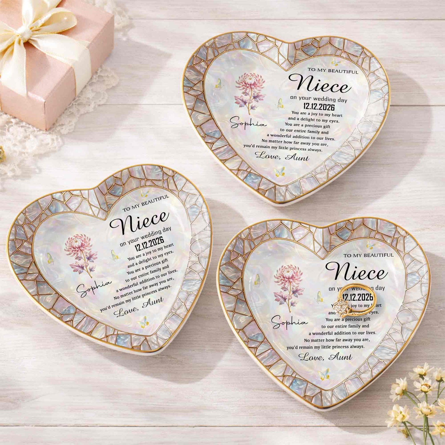 To My Beautiful Niece On Your Wedding Day Flower Heart Jewelry Dish - Personalized Custom Jewelry Dish, Ceramic Dish, Heart Shape - NCE075_HCRF
