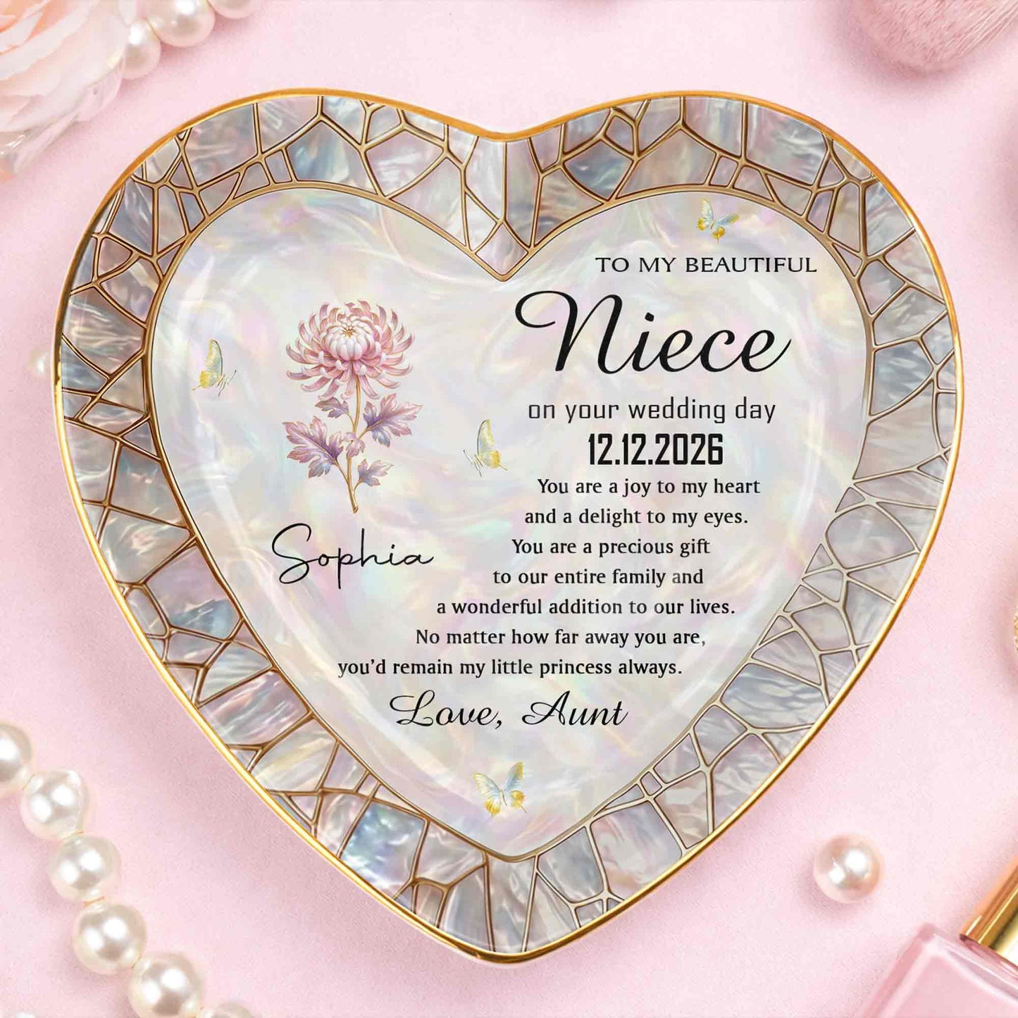 To My Beautiful Niece On Your Wedding Day Flower Heart Jewelry Dish - Personalized Custom Jewelry Dish, Ceramic Dish, Heart Shape - NCE075_HCRF