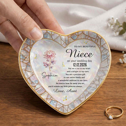 To My Beautiful Niece On Your Wedding Day Flower Heart Jewelry Dish - Personalized Custom Jewelry Dish, Ceramic Dish, Heart Shape - NCE075_HCRF