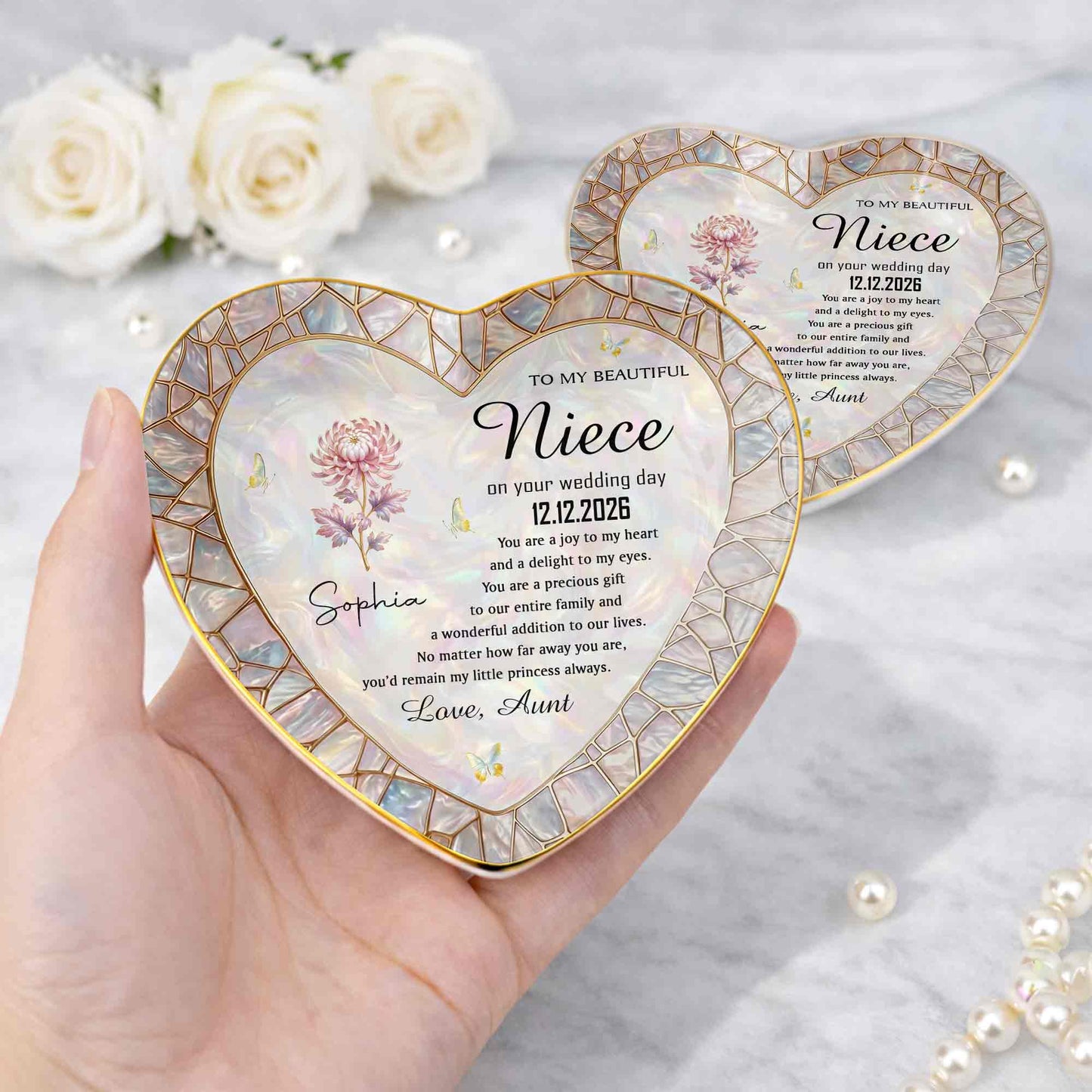 To My Beautiful Niece On Your Wedding Day Flower Heart Jewelry Dish - Personalized Custom Jewelry Dish, Ceramic Dish, Heart Shape - NCE075_HCRF