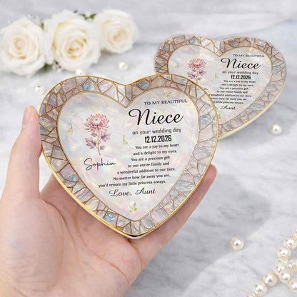 To My Beautiful Niece On Your Wedding Day Flower Heart Jewelry Dish - Personalized Custom Jewelry Dish, Ceramic Dish, Heart Shape - NCE075_HCRF