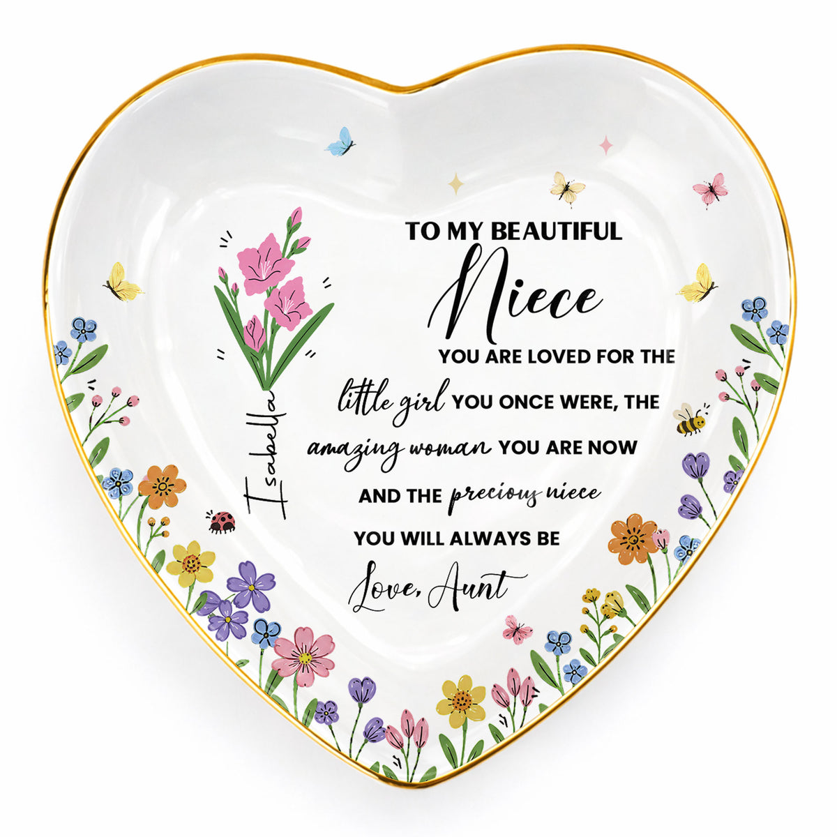 To My Beautiful Niece Birth Month Flowers And Butterflies Jewelry Holder - Personalized Custom Jewelry Dish, Ceramic Dish, Heart Shape - NCE088_HCRF