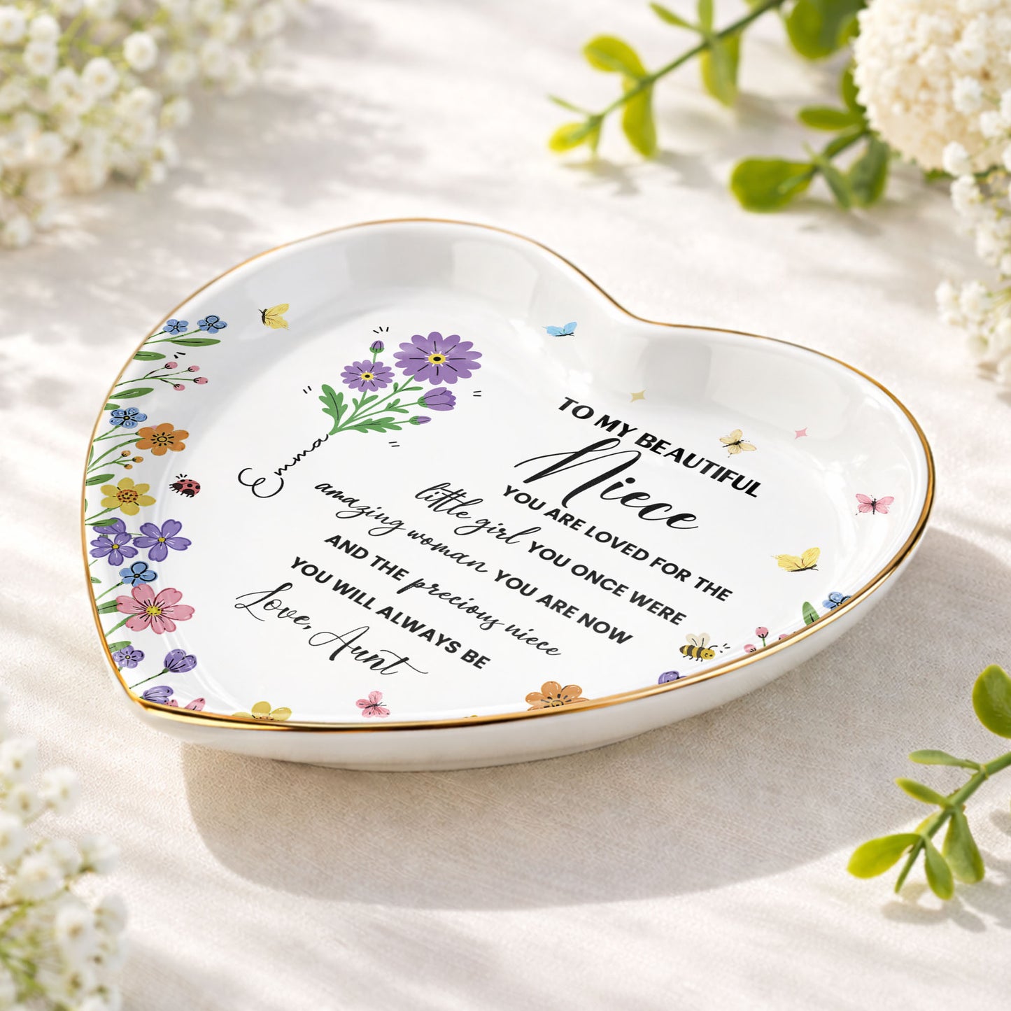 To My Beautiful Niece Birth Month Flowers And Butterflies Jewelry Holder - Personalized Custom Jewelry Dish, Ceramic Dish, Heart Shape - NCE088_HCRF