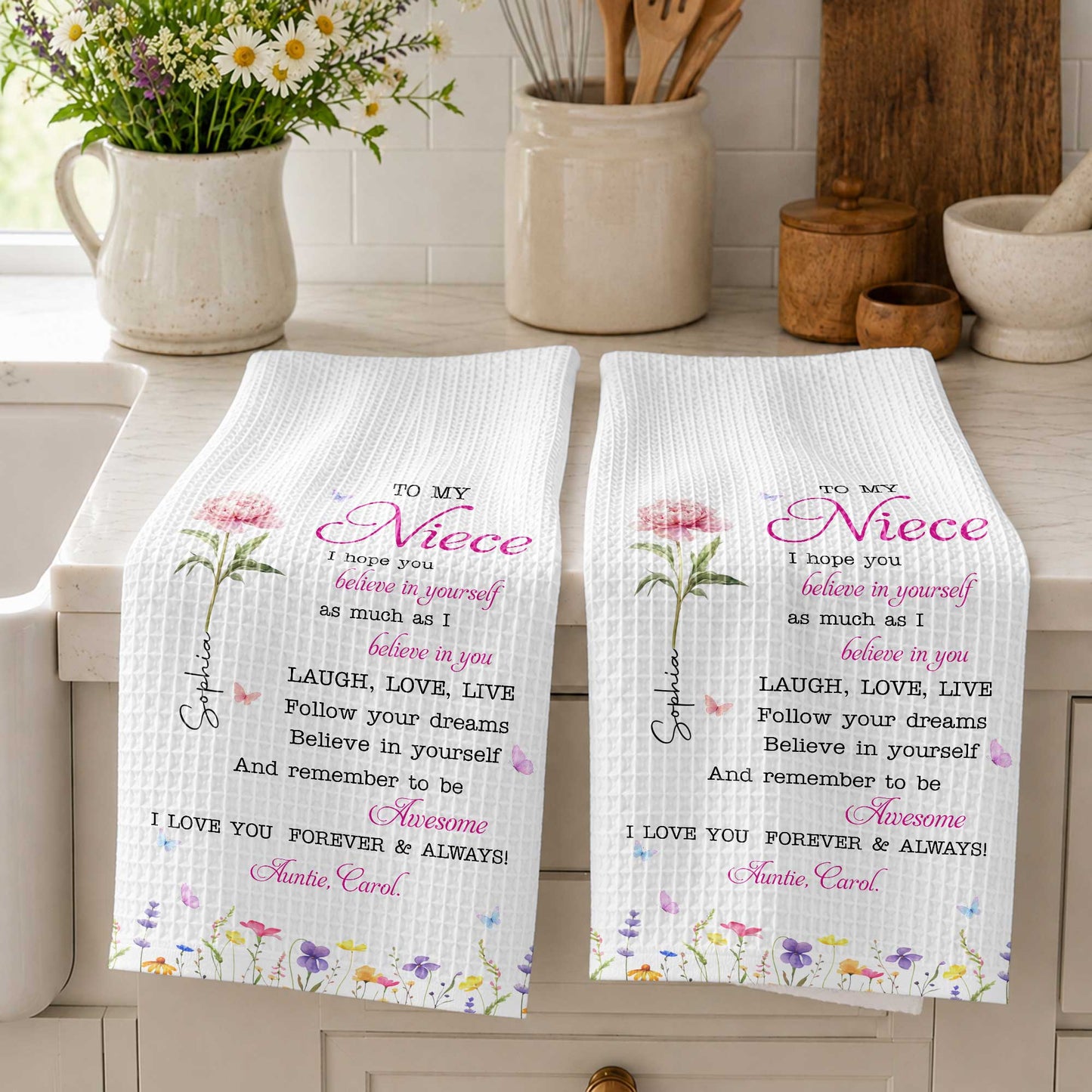 To My Niece Believe In Yourself With Pink Birth Flower - Personalized Kitchen Towel - NCE094_TOWL
